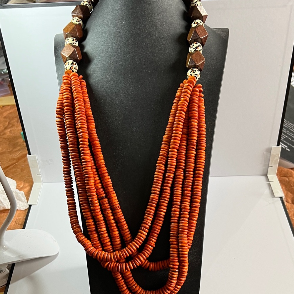 Elegant Orange Wooden Beaded Necklace; handmade